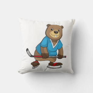 Beaver at Ice hockey with Ice hockey stick Cushion