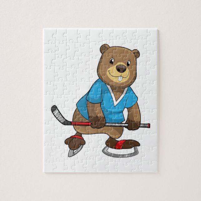 Beaver at Ice hockey with Ice hockey stick Jigsaw Puzzle (Vertical)