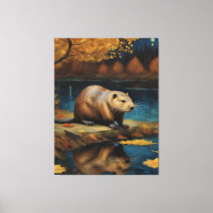 Beaver at night by Van Gogh AI Generated  Canvas Print