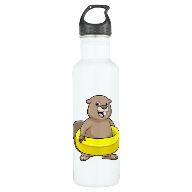 Beaver at Swimming with Swim ring 710 Ml Water Bottle (Front)