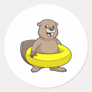 Beaver at Swimming with Swim ring Classic Round Sticker
