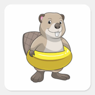 Beaver at Swimming with Swim ring Square Sticker