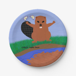 Beaver Building Dam Cartoon Art Dinner Plate
