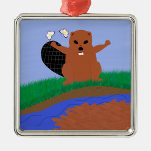 Beaver Building Dam Cartoon Art Metal Tree Decoration