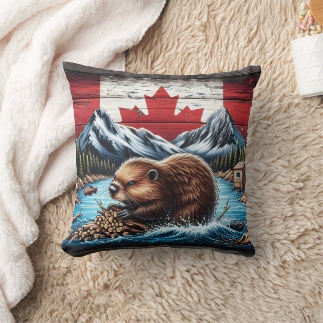 Beaver Building Dam With Canadian Flag Background Cushion (Blanket)