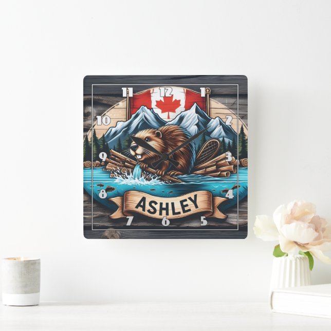 Beaver by River With Mountains Behind Square Wall Clock (Home)