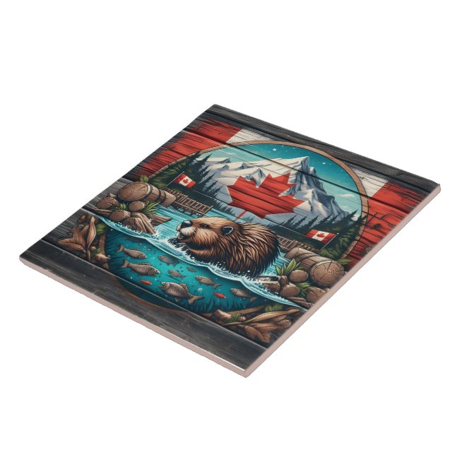 Beaver by Tree, Canadian Pride Tile (Side)