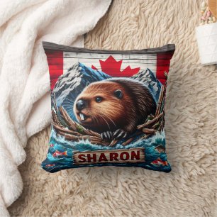 Beaver by Water With Canadian Flag Cushion