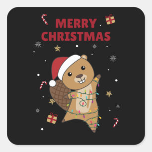 Beaver Cheerful Christmas Winter Animals Beavers Square Sticker