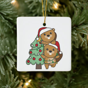 Beaver Christmas Tree Christmas Animals Beavers Ceramic Ornament