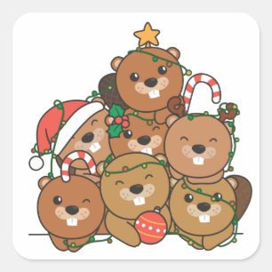 Beaver Christmas Tree Funny Animal Christmas Squar Square Sticker