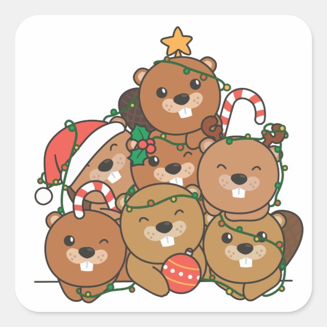 Beaver Christmas Tree Funny Animal Christmas Squar Square Sticker (Front)