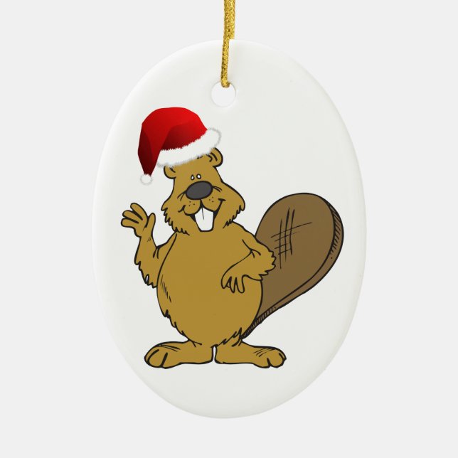 Beaver cute santa hat ceramic tree decoration (Front)