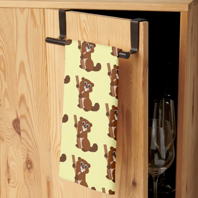 Beaver Design Any Colour Background Tea Towel (Thirds Fold)