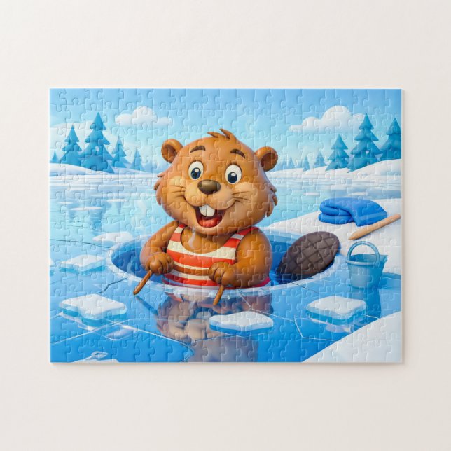 Beaver Ice Bathing in a Striped Swimsuit Jigsaw Puzzle (Horizontal)
