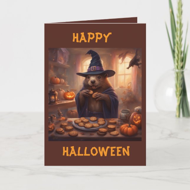 Beaver in a Witch costume Halloween greeting Card (Front)