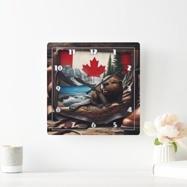 Beaver in Canadian Wilderness With Flag Background Square Wall Clock (Home)
