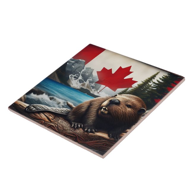Beaver in Canadian Wilderness With Flag Background Tile (Side)