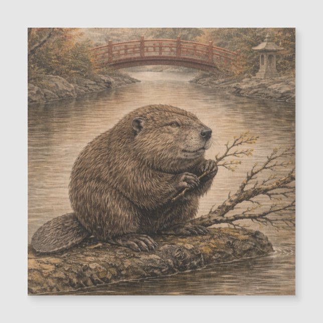 Beaver Japanese Landscape Magnet Card (Front)