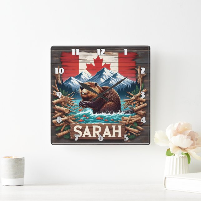 Beaver, Mountain, Flag, Blue Ocean Square Wall Clock (Home)
