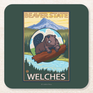 Beaver & Mt. Hood - Welches, Oregon Square Paper Coaster