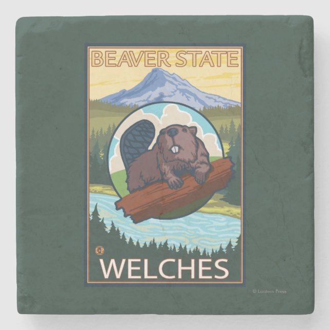 Beaver & Mt. Hood - Welches, Oregon Stone Coaster (Front)