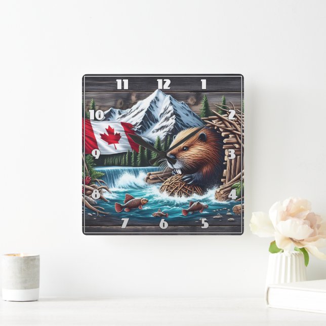Beaver Near Canadian Flag and Mountain Stream Square Wall Clock (Home)