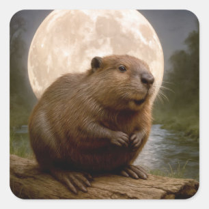 Beaver On a Log With Full Moon Square Sticker