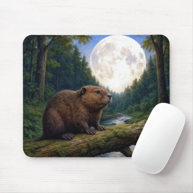 Beaver On a River Log in the Moonlight Mouse Pad (With Mouse)