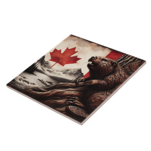 Beaver on a Tree With Canadian Flag and Mountains Tile