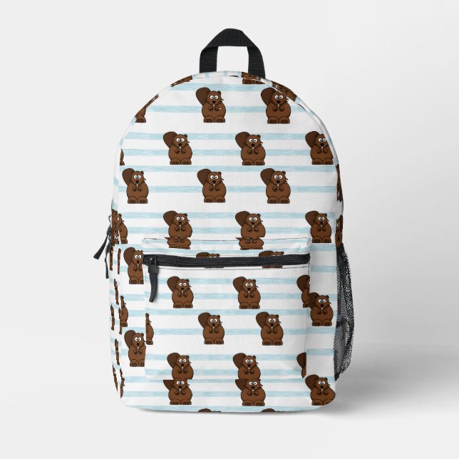 Beaver on blue stripes printed backpack (Front)