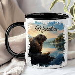 Beaver On Log Sunrise Wilderness Mug<br><div class="desc">Start your day with the serene beauty of the Beaver on Log Sunrise Wilderness Mug. This unique mug features a stunning design of a beaver sitting on a log by a tranquil lake at sunrise, with lush forests and mountains in the background. Customised with your name, it adds a special...</div>