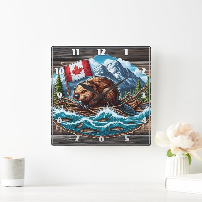 Beaver on Raft With Flag in River Square Wall Clock (Home)
