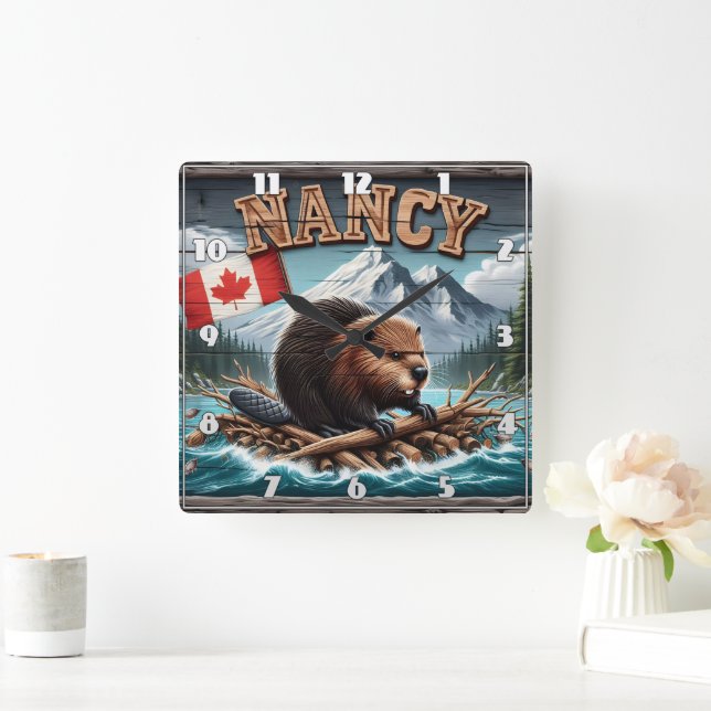 Beaver on Raft With Flag in Scenic View Square Wall Clock (Home)