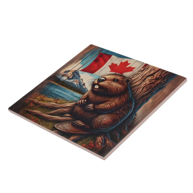 Beaver Sitting by Lake With Canadian Flag Tile (Side)