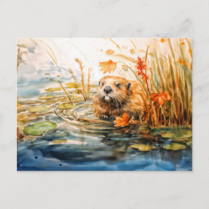 Beaver sitting by pond among reeds holiday postcard