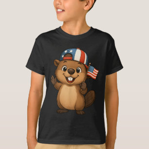 Beaver Usa Flag 4th July Independence Day Boys Gir T-Shirt