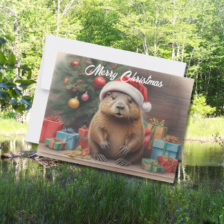 Beaver wearing santa hat with Christams presents Postcard