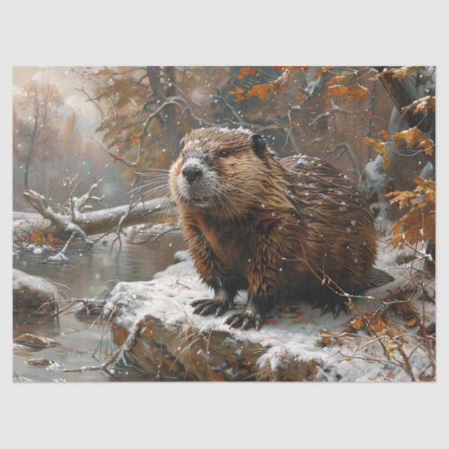 Beaver Winter Landscape Painting Decoupage Tissue Paper (Front)