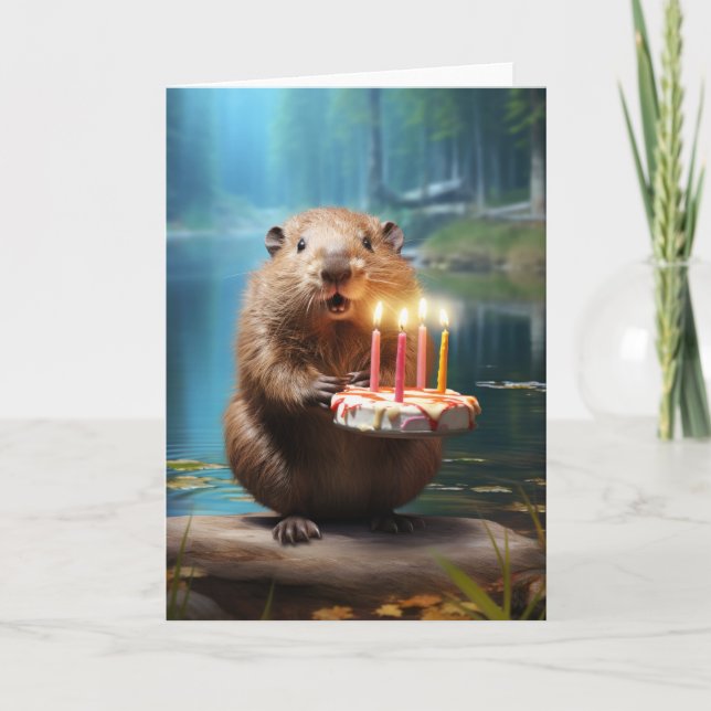 Beaver with a Birthday Cake Card (Front)