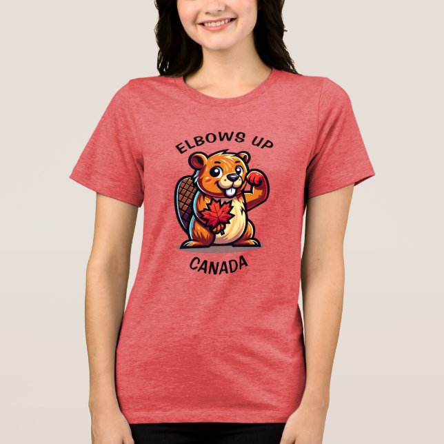 Beaver with a Maple Leaf and Elbows Up Canada Big Tri-Blend Shirt (Front)