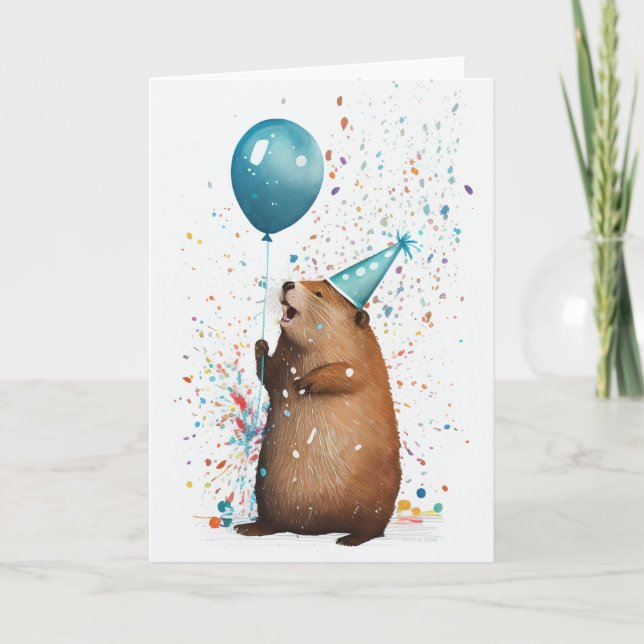 Beaver with Blue Balloon Folded Greeting Card (Front)