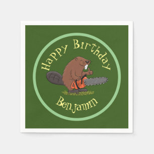 Beaver with chainsaw cartoon napkin