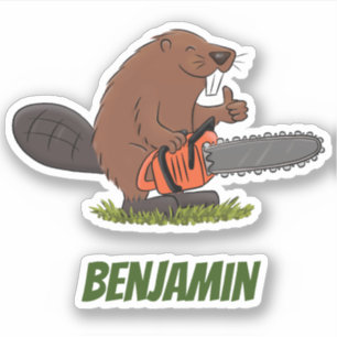 Beaver with chainsaw funny cartoon illustration