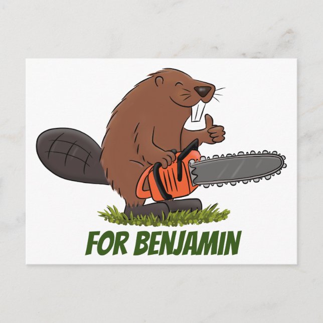 Beaver with chainsaw funny cartoon illustration postcard (Front)