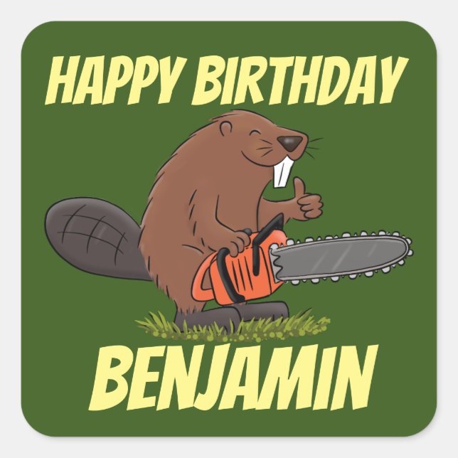 Beaver with chainsaw funny cartoon illustration sq square sticker (Front)