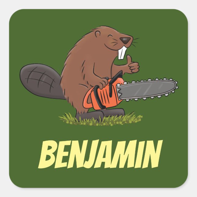 Beaver with chainsaw funny cartoon illustration square sticker (Front)