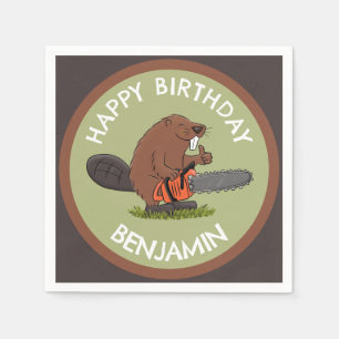 Beaver with chainsaw funny personalised birthday napkin