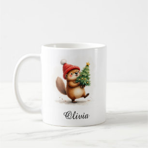 Beaver with Christmas Tree Custom Name Coffee Mug