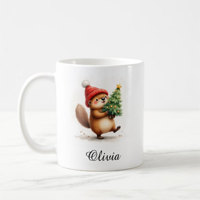 Beaver with Christmas Tree Custom Name Coffee Mug (Left)